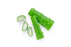 Aloe Vera Leaves Has Water Drop With Slices Isolated On White Background , Top View , Flat Lay , Herb Skin Care.
