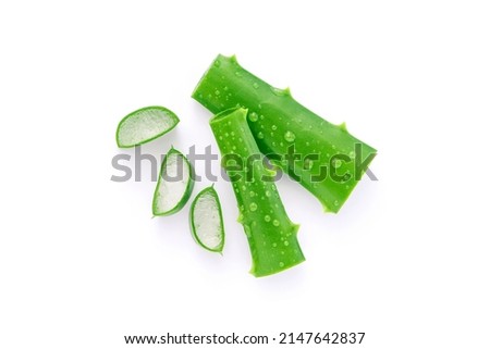 Aloe vera leaves has water drop with slices isolated on white background , top view , flat lay , herb skin care.