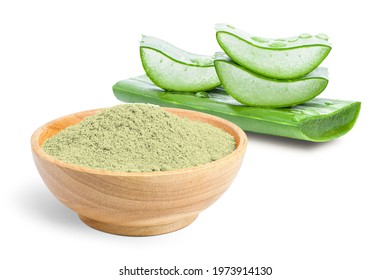 Aloe Vera Powder With Fresh Aloevera Leaf And Slice Isolated On White Background.