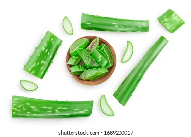 Aloe vera sliced in wooden bowl isolated on white background with clipping path and full depth of field. Top view. Flat lay.