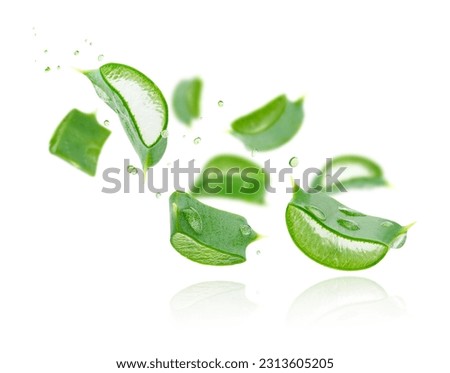 Aloe vera slices flying composition on white background. Skin care concept