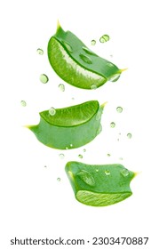 Aloe vera slices flying on white background with clipping path.