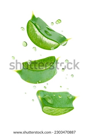 Aloe vera slices flying on white background with clipping path.