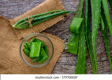 Aloevera Fresh Leaf On The Wooden Table,aloe Vera On Wooden Table,Herbs For Health,copy Space.