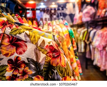 Aloha Shirt Hanging On Rack In Fashion Retail Store