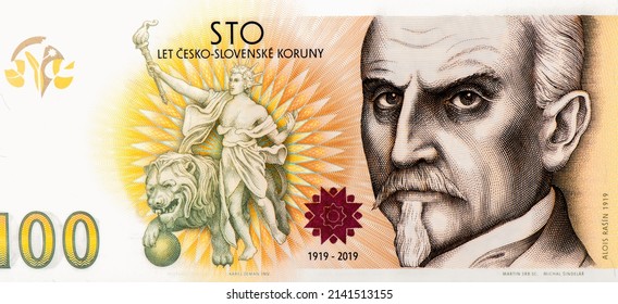 Alois Rasin Portrait from Czech Republic 100 Korun 2019 Banknotes. Czech Republic 100 Korun 2019 (2020) "100th Anniversary of the Czechoslovak Crown" Series "B" - Shutterstock ID 2141513155
