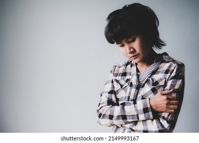 Alone Farmer Woman Standing On Cement Wall Background.Face Stressed Serious And Sad. Pain Poster Card For Couple Problem, Lonely, Broken Heart, Break My Heart, Love Valentine Day, Disappointed Concept