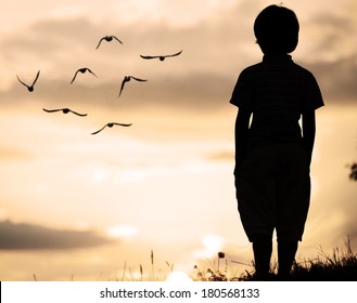 Alone kid standing on field looking far away on birds flock