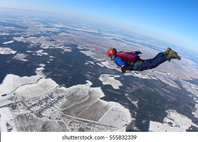 Alone Skydiver Is In The Free Fall.