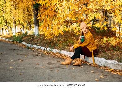 Alone Time, Some Time To Yourself, Me Time For Self-care And Self-healing. Alone Young Woman Enjoying Life In The Autumn Park. Self Improvement Me Time Ideas