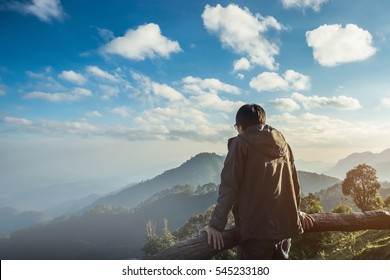 Alone Traveler At Peak Mountain Background, Chiangmai Thailand, Travel Concept.