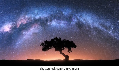Alone tree and Milky Way arch at night. Landscape with old tree, bright arched milky way, sky with stars, hills at sunrise. Beautiful universe. Space background with starry sky. Galaxy and nature