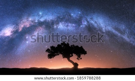 Alone tree and Milky Way arch at night. Landscape with old tree, bright arched milky way, sky with stars, hills at sunrise. Beautiful universe. Space background with starry sky. Galaxy and nature