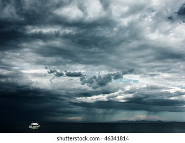 Alone White Little Boat In Sea With Storm Weather