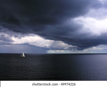           Alone White Little Yacht In Sea With Storm Weather