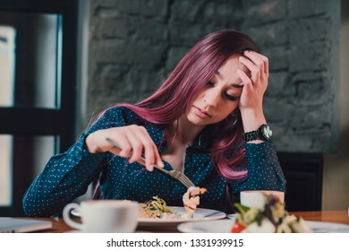 Alone Woman In Cafe, Sad Beautiful Girl. Attractive Bored Woman In Restaurant.