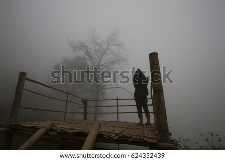 Alone women take a picture with natural fog background