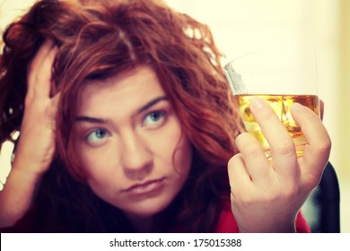 Alone Young Woman In Depression, Drinking Alcohol (burbon)