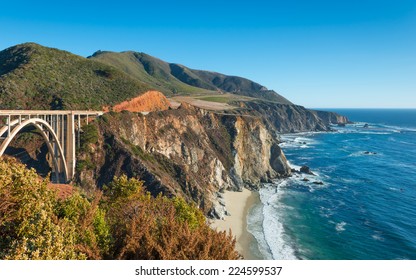 Along California State Route 1. Coastline Big Sur. Bixby Bridge