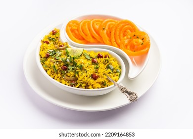 Aloo Poha With Jalebi, Snack Combination Also Called Imarti And Kande Pohe