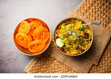 Aloo Poha With Jalebi, Snack Combination Also Called Imarti And Kande Pohe