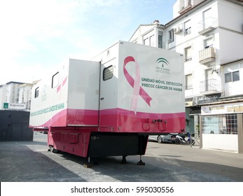 Alora, Spain -January 26, 2017: Breast Cancer Mobile Detection Unit Parked Outside Health Center