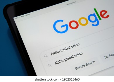 Alpha Global Union Words Seen Typed In Google Search Bar On The Tablet Screen. Alphabet Workers Are Announcing Alpha Global, A New Global Union Alliance. Stafford, United Kingdom - January 26 2021.