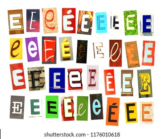 Alphabet collection Capital E, with the letter being formed with a collage of smaller images, of both capital and lowercase letters, in a variety of fonts and colours. Isolated on white background - Shutterstock ID 1176010618