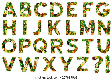 Alphabet from fresh vegetables a fruits isolated on white background