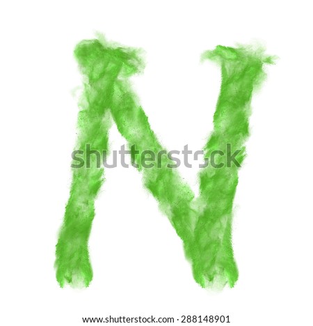 Alphabet letter N made of powder explosion isolated on white background ABC concept type as logo. Typography design