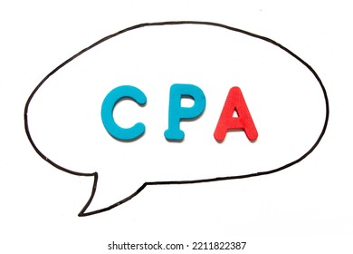 Alphabet Letter With Word CPA (Abbreviation Of Certified Public Accountant) In Black Line Hand Drawing As Bubble Speech On White Board Background