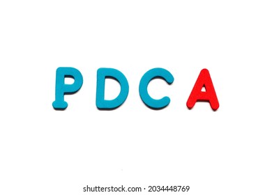 Alphabet letter with word PDCA (abbreviation of plan do check act) on white board background