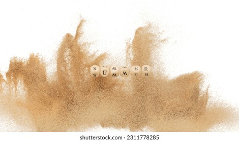 Alphabet letter wording "Summer" bead toy flying over sand explosion flying in air. Summer word alphabet letter show tropical island beach sand for vacation holiday. White background isolated - Shutterstock ID 2311778285
