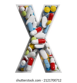 Alphabet Letter X Made Of Color Pills Isolated On White Background.