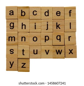 Alphabet Letters( A-z )on Wooden Scrabble Pieces, Isolated On White Background With Clipping Path.