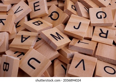 Alphabet Letters On Wooden Block Pieces, From Above