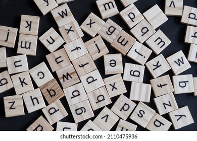 Alphabet Letters On Wooden Scrabble Pieces, Close Up