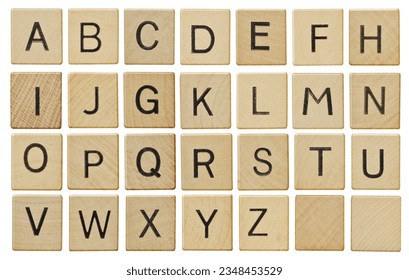 Alphabet letters on wooden scrabble pieces, isolated on white.
