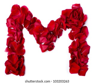 alphabet M made from red petals rose