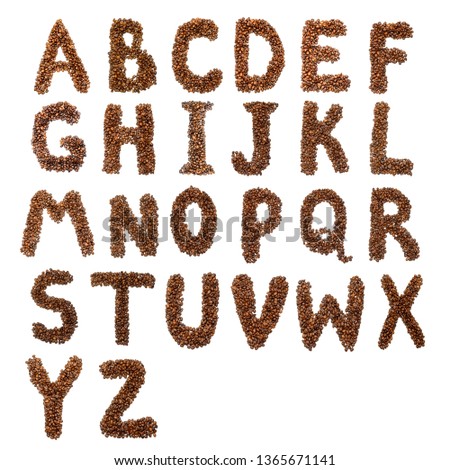 Alphabet made from coffee beans. Arabica / Robusta. Isolated on white background.