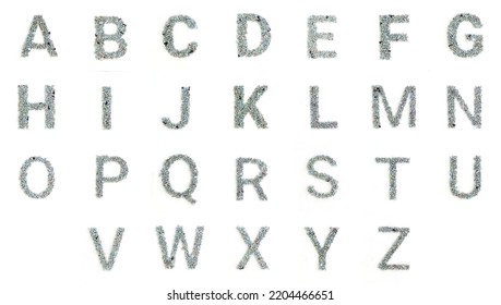 Alphabet Made From Used Screws And Bolts. White Background. Industrial Bolt Font	