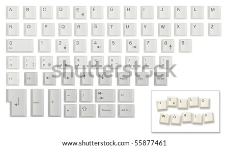 Alphabet, numbers and some other keyboard keys shot individually then cropped and combined in a single image, isolated on white. Meant as a design resource to compose messages. Imagine de stoc © 