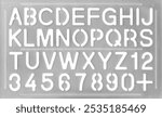 alphabet plastic stencil isolated white background, light gray english letter and number template, arts and crafts concept