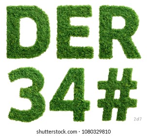 Alphabet set of photographed green grass letters, numbers and punctuation marks on white background.
