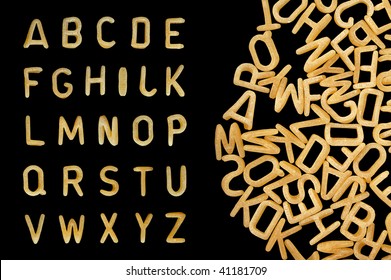 Alphabet Soup Pasta Font. Letters Made From Kids Food.