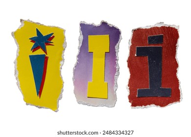 I alphabet torn from a magazine paper on white background with clipping path. Ransom note style letters.