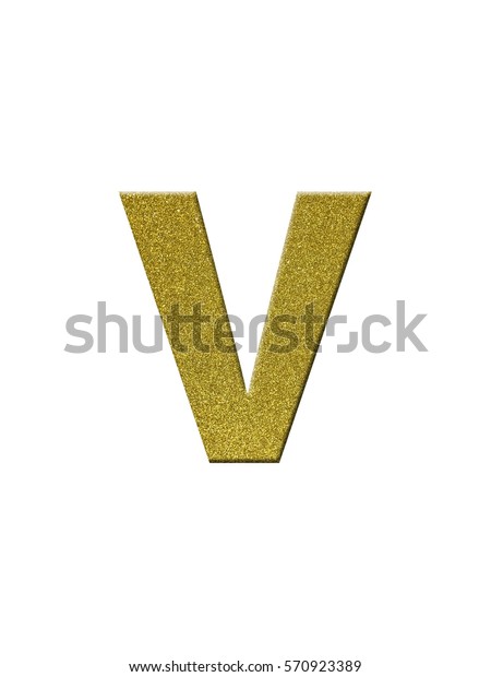 Alphabet (v) text gold glitter isolated on white\
background for design