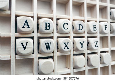 Alphabet Words Made With Building Wooden Blocks / Composition Of The Words Alphabet With Wooden Cubes In Gameboard