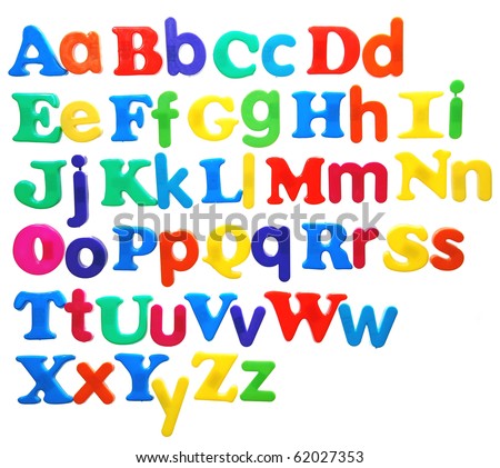 alphabet written in bright plastic letters, featuring both uppercase and lowercase, isolated on white