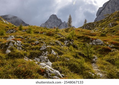 Alpine bivaco mountain hut shelter located in rugged alpine terrain. Red bivacco shelter in Dolomites. Compact structure against stunning landscapes, surrounded by peaks, valleys, and nature - Powered by Shutterstock